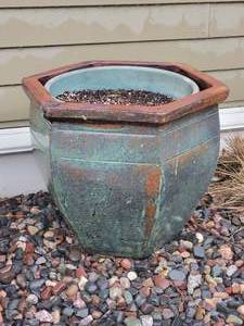 lot 84 image: Intriguing Glazed Terra Cotta Hex Planter - Copper Patina Green