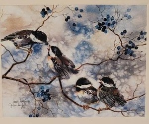 lot 54 image: SIGNED JEAN HAEFELE Fine Art Watercolor Print - Four Chickadees
