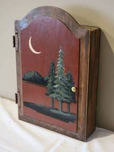 lot 225 image: Cozy Vintage Handpainted Wall Mount Medecine Cabinet - Moonlit Lake Scene