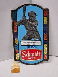 lot 32 image: Embossed Cardboard Schmidt Beer Sign Baseball Batter