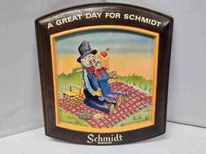 lot 38 image: A Great Day for Schmidt Beer Plastic Sign - 1977 George Stuber Art