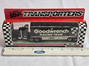 lot 158 image: 1989 Matchbox Dale Earnhardt Goodwrench Racing Team Transporters Truck and Trailer