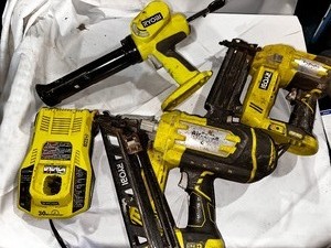 lot 201 image: RYOBI 18V Pistol Grip Variable Discharge Rate Power Caulk and Adhesive Gun, Nail Gun, and Angled Finish Nailer - Tools Only