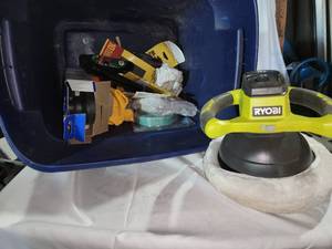 lot 124 image: RYOBI P425 One 18V Cordless Orbital BufferPolisher with Bonnets and Bin of Supplies