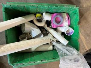 lot 157 image: Bin of Misc Plumbing Fittings, PVC Elbows, Connectors, Hooks