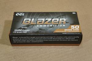 lot 201 image: 50 CCI Blazer Brass 9mm Luger 115 Gr FMJ Ammo