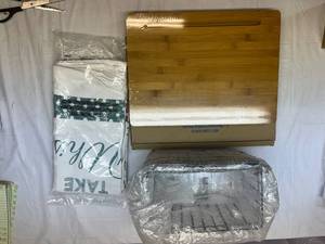 LL. Avon Kitchen Towels, Bamboo Cutting Board & 2 Wire Baskets