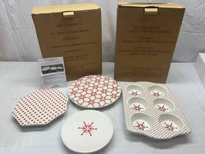 LL. Avon Hollly Dot Cake Stands(Pedestals Still in Box), & Muffin Pans