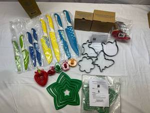 LL. Avon Knife Set w Guards, Strawberry Huller & Large Array of Cookie CuttersStamps