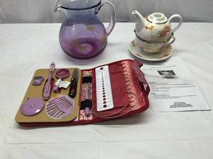 LL. Avon Purple Hombre Pitcher, Stacking Tea Pot & On the Go Needle Work Kit
