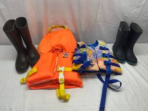 2 Pair Rainboots & 2 Life Jackets-See Pics for sizes