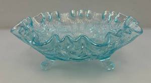 Vintage Imperial Glass Ruffled Rose Footed Bowl Light Aqua Blue Opalescent