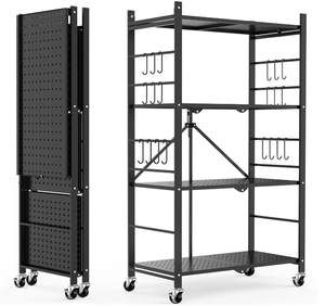 lot 101 image: Storage Shelves with 20 Hooks, 4-Tier Foldable Shelves for Storage
