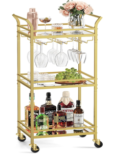 lot 125 image: VASAGLE Bar Cart Gold, Home Bar Serving Cart, Small Bar Cart with 3-Tier Mirrored Shelf