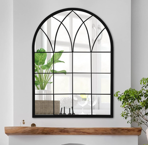 lot 130 image: Arched Window Pane Mirror, Black Grid Wall Mirror, Hanging Arch Farmhouse Wall Mirror