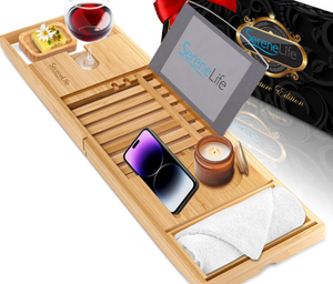 lot 585 image: Bathtub Caddy with Extendable Sides, Cellphone Tray & Integrated Wineglass Holder