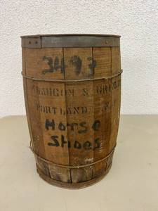 lot 100 image: Antique Wood Barrel - Horse Shoes, Portland ND