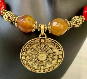 lot 137 image: Wonderful Statement Gold-Tone an Red  Tan Beaded Medallion Necklace
