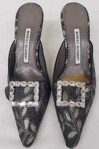 lot 11 image: Vintage Manolo Blahnik Grey Jacquard Crystal Mules Black Pointed Kitten Heel - Size 37 12
