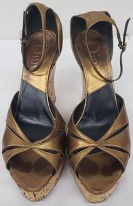 lot 35 image: Christian Dior Bronze Leather Ankle Wrap Cork Wedge Sandals - Size 9