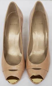 lot 175 image: Stuart Weitzman Beige Leather Peek Toe Heels - Size 9