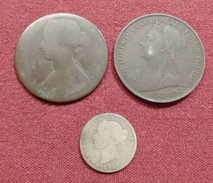 lot 18 image: (3) 1800s Victoria Coins - (2) British Pennies & Newfoundland Dime