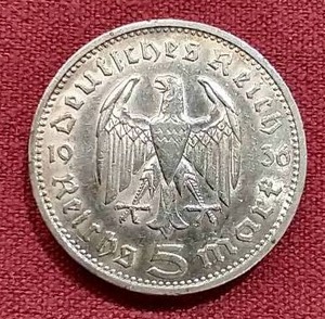 lot 20 image: 1936 Germany Third Reich Silver 5 Mark Coin
