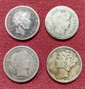 lot 74 image: (4) Silver Dimes - Barber & Mercury