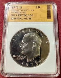 lot 86 image: 1973-S Proof Eisenhower Dollar - SGS PR70CAM