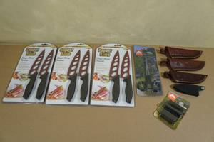 lot 183 image: 3 Sets Copper Knives with Sharpener, Forceps and Sheaths