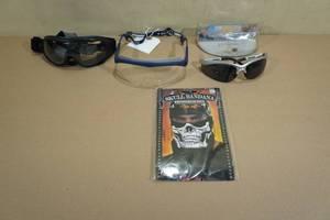 lot 219 image: 3 Pairs of Safety Glasses for Motorcycling with Skull Bandana