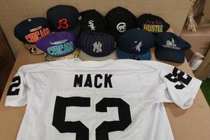 lot 269 image: Assorted Hats (Timberwolves, Chicago) with XL Khalil Mack Jersey