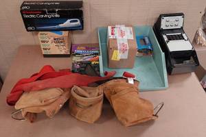 lot 277 image: Assorted Hardware -Tool Belt, Carving Knife, Nails, Movie Camera Light