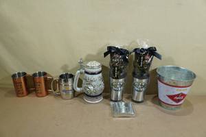 lot 144 image: Assorted Bar -Ice Bucket, Stein, Coffee Mugs, Flask