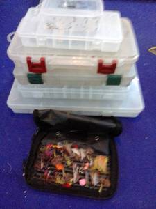 Assortment of flies for fly fishing (some handmade) and six empty tackle organizers