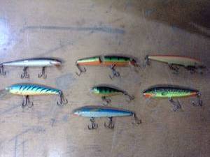 Seven assorted fishing lures Rapala, heddon, other