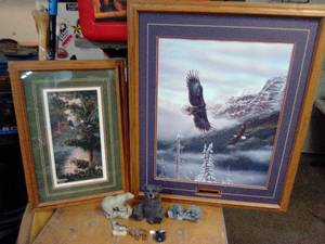 2 Rick Kelley Eagle prints and bear figurines