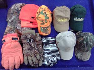 Camo and blaze orange hats and gloves