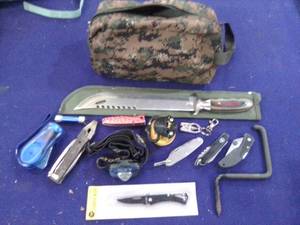 Pocket knives, multi-tool, headlamp, knife sharpener and camo bag