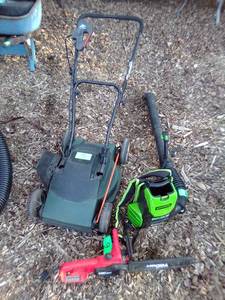 Electric push mower 110v, electric chainsaw 110v and a greenworks 60v leaf blower no battery