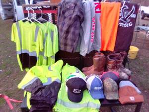 Hoodies, jackets, work clothes, hats and boots