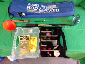 Rod Locker with ugly stick pro ice rod reel combo, ice scoops, tackle box and assorted tackle