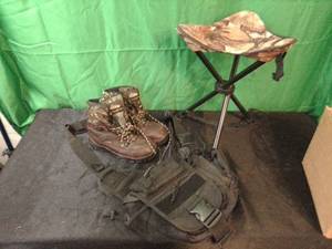 Like new Itasca hunting boots size 8, shooting bag, folding stool