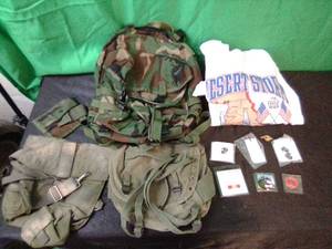 Military pins, Tie clip, bags and sweatshirt