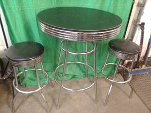 Round high top bar table and two stools