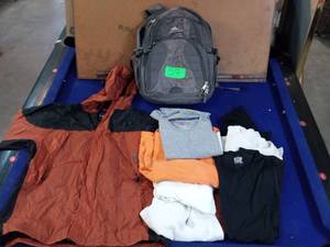 size large Stearns dryware, thermals, orange sweatshirt and backpack