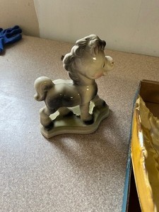 Ashtrays, brass candle holder, pony figurine