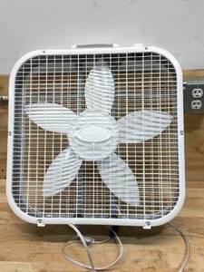 lot 109 image: Lasko Save-Smart Energy Efficient 20 in. 3 Speed White Box Fan with Built-In Carry Handle Model # 3129342