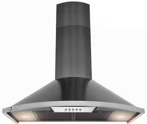 lot 148 image: 30 in. 343 CFM Convertible Wall Mount Range Hood with Push Button and LED Lights in Black Stainless Steel Model # RH0486 (Untested) (Open Box)