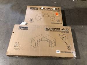 L-Shaped Desk with Drawers and Shelves in Gold  Customer Returns See Pieces